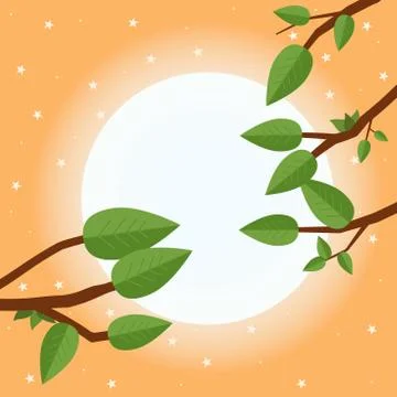 Cartoon sunset. Flat vector illustration, trees, leaf and sun. Stock Illustration
