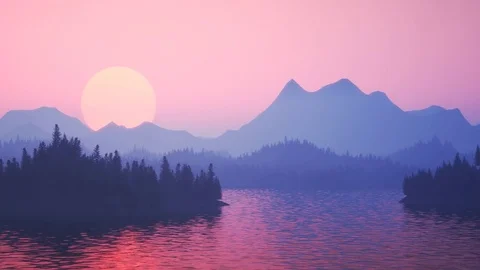 Cartoon sunset over a foresty bay Stock Footage