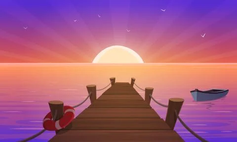 Cartoon Sunset At Pier Stock Illustration