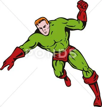 Cartoon super hero running punching Stock Illustration