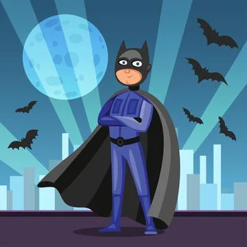 Cartoon superhero in black cape. Man in dark hero costume on night city Stock Illustration