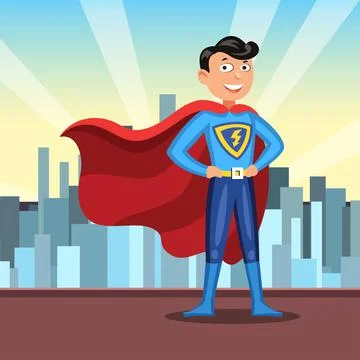 Cartoon superhero in red cape. Man in colourful hero costume on light city Stock Illustration