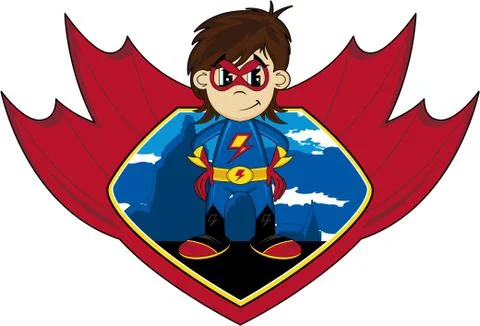 Cartoon Superhero in Winged Shield 스톡 일러스트