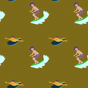 Cartoon surfer pattern with cheerful characters on brown background Stock Illustration