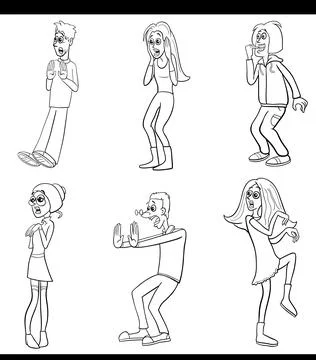 Cartoon surprised or scared comic characters set coloring page イラスト素材
