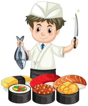 Cartoon Sushi Chef Holding Fresh Fish and Knife with Assorted Sushi Stock Illustration