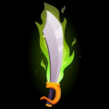 Cartoon sword and dagger in green fire flame, vector curved iron sharp blade Stock Illustration