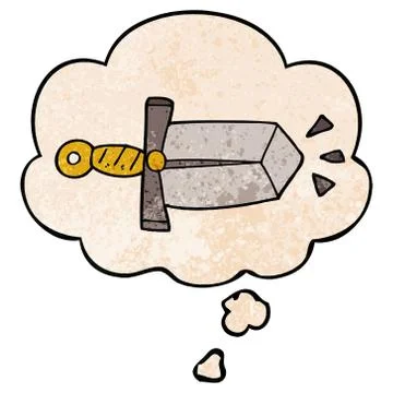 Cartoon sword and thought bubble in grunge texture pattern style Stock Illustration