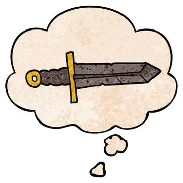 Cartoon sword and thought bubble in grunge texture pattern style Stock Illustration