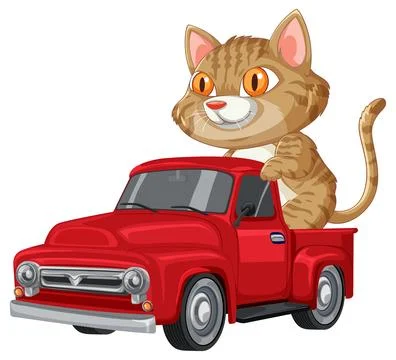 Cartoon Tabby Cat Riding in Red Pickup Truck Stock Illustration