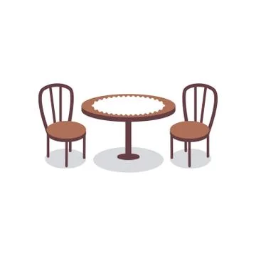 Cartoon table covered with white cloth for two people and wooden chairs icons Illustrazione stock