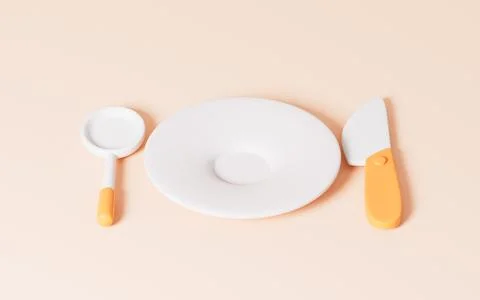 Cartoon tableware in the yellow background, 3d rendering. 스톡 일러스트