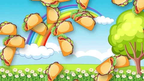 Cartoon Tacos Falling Over a Sunny Meadow with a Rainbow Stock Footage 341461925