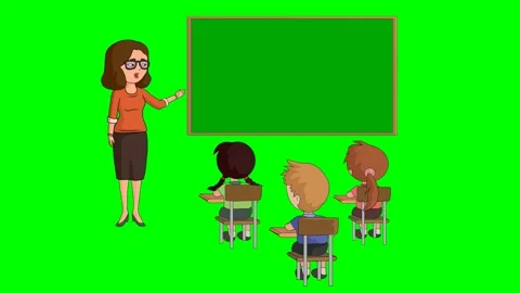 Cartoon Teacher Teaching Students in Classroom on Green Screen Background Видео 335127576