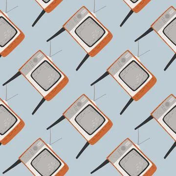 Cartoon technic seamless pattern with grey tv ornament. Light blue background Stock Illustration