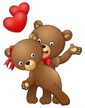 Cartoon teddy bear couple dancing with red heart Stock Illustration