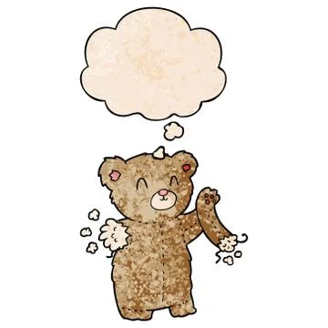 Cartoon teddy bear with torn arm and thought bubble in grunge texture pattern 스톡 일러스트