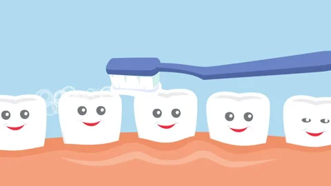 Cartoon teeth cleaning with toothpaste and toothbrush oral hygiene Stock Footage 96107822