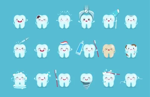 Cartoon teeth. Cute tooth characters with emotions and hygiene tools, teeth Illustrazione stock