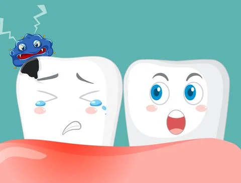 Cartoon teeth decay with bacteria on blue background Stock Illustration