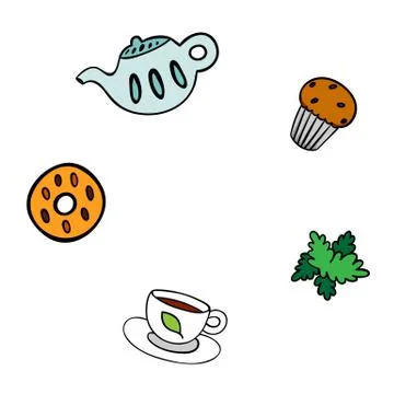 Cartoon template for menu. Teapot, cookie, cup, mint and cupcake isolated on Stock-Illustration
