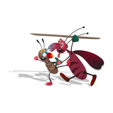Cartoon thin striped cockroach armed with a toothpick fights with an ant. Iso Stock Illustration