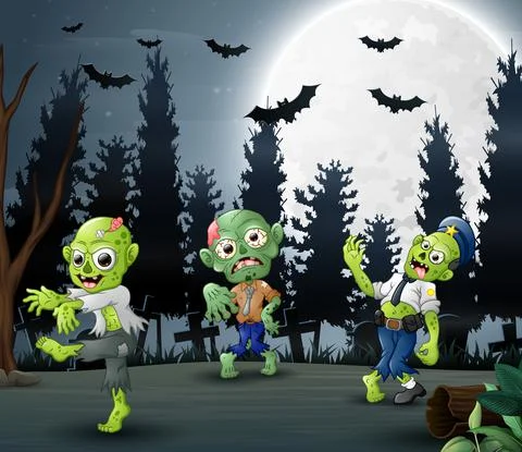 Cartoon of three zombies in the forest background Stock Illustration