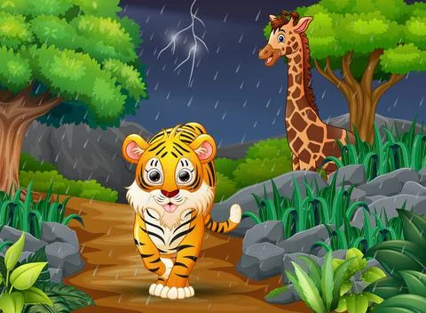 Cartoon a tiger and giraffe in a forest under the rain Stock Illustration