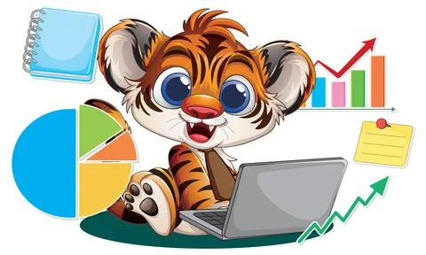 Cartoon Tiger Cub Using Laptop with Business Charts and Graphs 스톡 일러스트