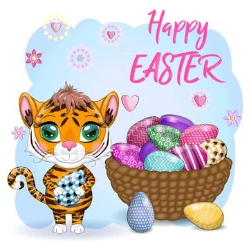 Cartoon tiger with Easter egg as Easter bunny. Easter 2022, April. Children's Stock Illustration