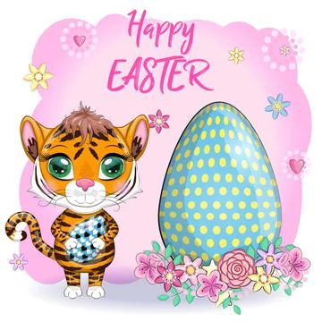 Cartoon tiger with Easter egg as Easter bunny. Easter 2022, April. Children's Stock Illustration