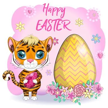 Cartoon tiger with Easter egg as Easter bunny. Easter 2022, April. Children's Stock Illustration