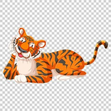 Cartoon tiger lying down and resting on transparent grid. Illustration