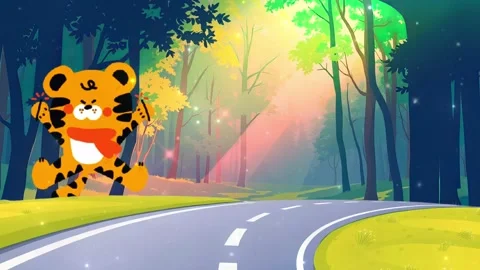 Cartoon Tiger on a Road, Travel Through Enchanted Nature Scene Stock Footage 302240553