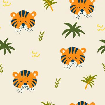 Cartoon tiger seamless pattern. Muzzle of a cute tiger cub with jungle plants Stock Illustration
