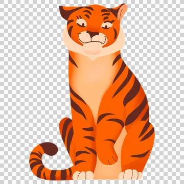 Cartoon tiger sitting down looking forward on transparent. 스톡 일러스트