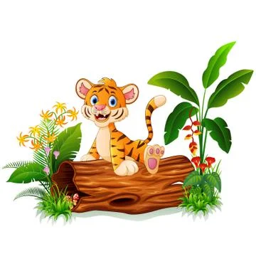 Cartoon tiger sitting on tree trunk Illustrazione stock