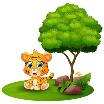 Cartoon tiger sitting under a tree on a white background Stock Illustration