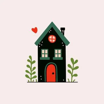 Cartoon tiny forest house. Cute cottage with chimney and smoke heart shape, flat Stock Illustration