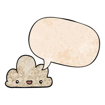 Cartoon tiny happy cloud and speech bubble in retro texture style Stock Illustration