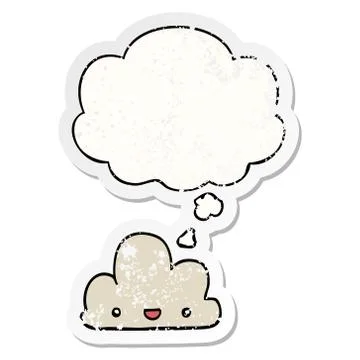 Cartoon tiny happy cloud and thought bubble as a distressed worn sticker イラスト素材