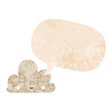 Cartoon tiny happy cloud and speech bubble in retro textured style Stock Illustration