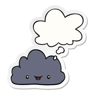 Cartoon tiny happy cloud and thought bubble as a printed sticker Illustrazione stock