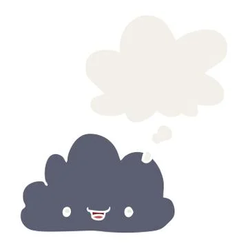 Cartoon tiny happy cloud and thought bubble in retro style Stock Illustration