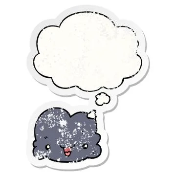 Cartoon tiny happy cloud and thought bubble as a distressed worn sticker Stock Illustration