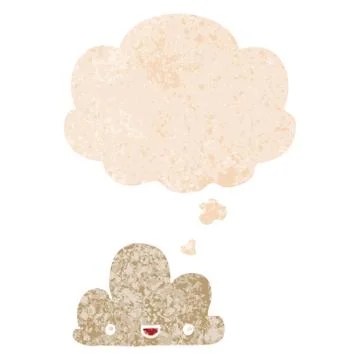 Cartoon tiny happy cloud and thought bubble in retro textured style Stock Illustration
