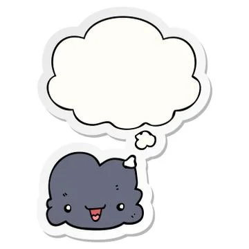 Cartoon tiny happy cloud and thought bubble as a printed sticker Stock Illustration