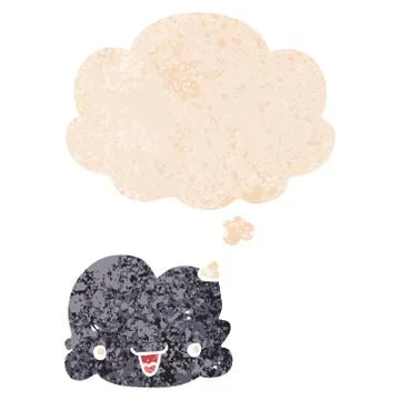 Cartoon tiny happy cloud and thought bubble in retro textured style Stock Illustration
