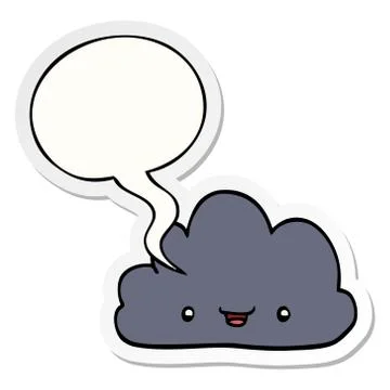 Cartoon tiny happy cloud and speech bubble sticker Stock Illustration
