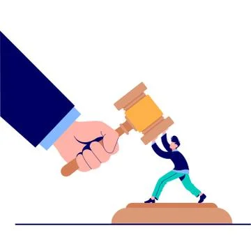 Cartoon tiny man trying stopped huge hand hit by gavel vector flat illustration Stock Illustration